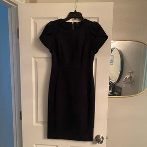 Faux suede, dark navy dress with tulip sleeves